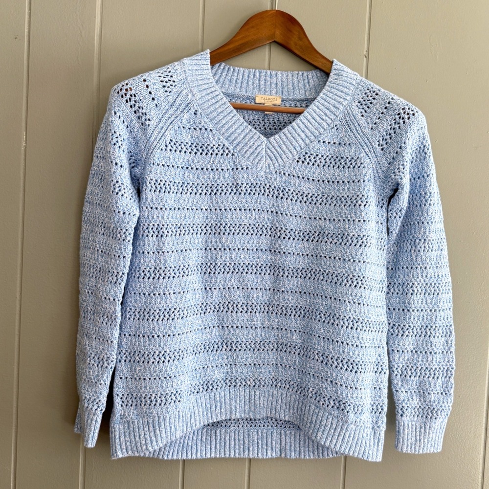 Talbots Petite Coastal Sky Blue Pointelle Knit V-Neck Sweater SP 100% Cotton NWT